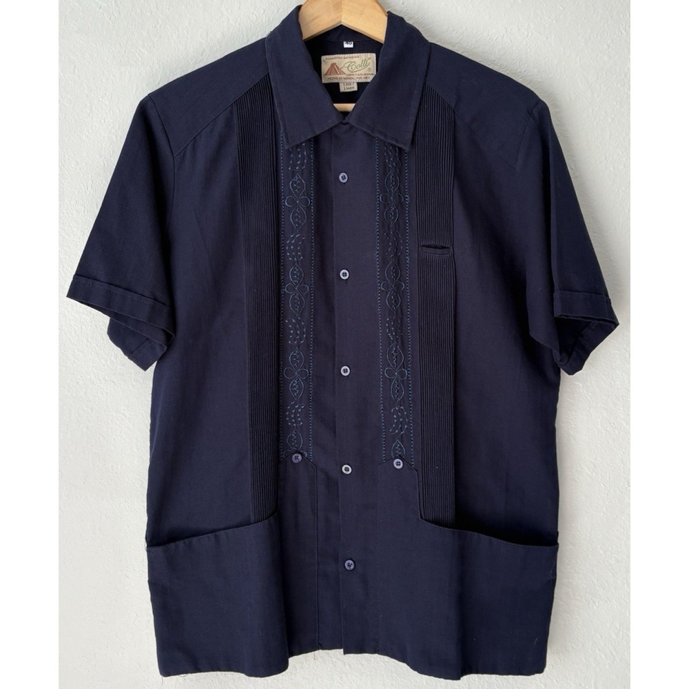 Colli Linen Guayabera Camp Collar Shirt Navy Short Sleeve Made in Mexico 40